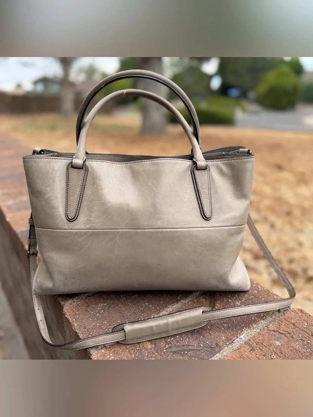 Coach Taupe Grey Leather Tote Satchel Crossbody Bag with S
